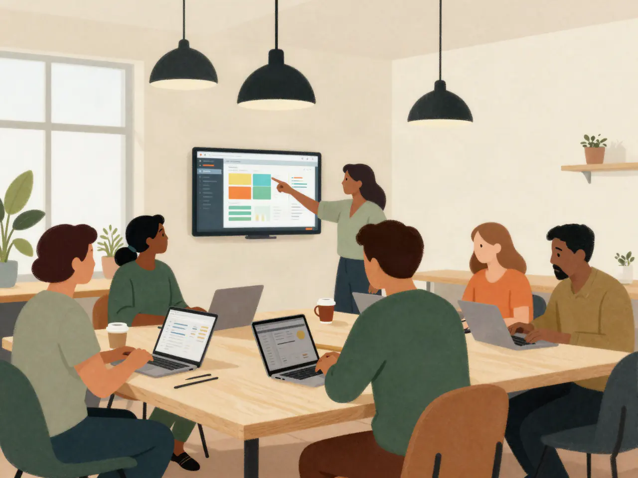 Ilustração de um time trabalhando num escritório: uma pessoa apresenta um painel na tela da parede enquanto os colegas acompanham nos notebooks.